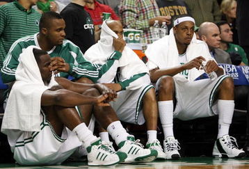 BOSTON - MAY 17:  Kendrick Perkins #43, Glen Davis #11, Stephon Marbury #8 and Paul Pierce #34 of the Boston Celtics watch from the bench as the Orlando Magic win Game Seven of the Eastern Conference Semifinals during the 2009 NBA Playoffs at TD Banknorth Garden on May 17, 2009 in Boston, Massachusetts. The Orlando Magic defeated the Boston Celtics 101-82 to advance to the Eastern Conference Finals. NOTE TO USER: User expressly acknowledges and agrees that, by downloading and or using this photograph, User is consenting to the terms and conditions of the Getty Images License Agreement.  (Photo by Elsa/Getty Images)