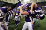 MINNEAPOLIS - DECEMBER 28:   Ryan Longwell #8 of the Minnesota Vikings is carried by Cullen Loeffler #46 after Longwell kicked the game winning field goal with five seconds left in the game against the New York Giants on December 28,2008 at the Hubert H. Humphrey Metrodome in Minneapolis, Minnesota. The Vikings defeated the Giants 20-19.  (Photo by Elsa/Getty Images)