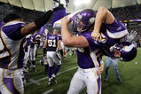 MINNEAPOLIS - DECEMBER 28:   Ryan Longwell #8 of the Minnesota Vikings is carried by Cullen Loeffler #46 after Longwell kicked the game winning field goal with five seconds left in the game against the New York Giants on December 28,2008 at the Hubert H. Humphrey Metrodome in Minneapolis, Minnesota. The Vikings defeated the Giants 20-19.  (Photo by Elsa/Getty Images)