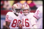 28 Jan 1990:  San Francisco 49ers quarterback Joe Montana (right) and wide receiver Jerry Rice celebrate during Super Bowl XXIV against the Denver Broncos at the Superdome in New Orleans, Louisiana.  The 49ers won the game, 55-10. Mandatory Credit: Rick S