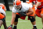 BEREA, OH - MAY 02:  Alex Mack #55 of the Cleveland Browns gets ready to snap the ball to Richard Bartel #13 during rookie mini camp at the Cleveland Browns Training and Administrative Complex on May 2, 2009 in Berea, Ohio.  (Photo by Gregory Shamus/Getty Images)