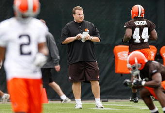 BEREA, OH - MAY 02: Head coach Eric Mangini of the Cleveland Browns looks on  during rookie mini camp at the Cleveland Browns Training and Administrative Complex on May 2, 2009 in Berea, Ohio.  (Photo by Gregory Shamus/Getty Images)
