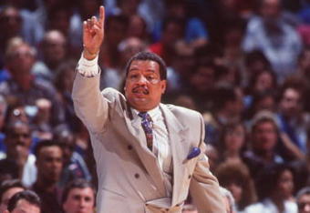 1993:  LARRY FINCH, HEAD BASKETBALL COACH AT MEMPHIS STATE UNIVERSITY, CALLS A PLAY DURING HIS TEAM''S GAME AGAINST DEPAUL IN MEMPHIS, TENNESSEE.   Mandatory Credit: ALLSPORT/ALLSPORT
