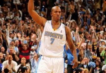 DENVER - MAY 05:  Chauncey Billups #7 of the Denver Nuggets reacts after scroing against the Dallas Mavericks in the fourth quarter in Game Two of the Western Conference Semifinals during the 2009 NBA Playoffs at Pepsi Center on May 5, 2009 in Denver, Colorado. The Nuggets defeated the Mavericks 117-105. NOTE TO USER: User expressly acknowledges and agrees that, by downloading and or using this photograph, User is consenting to the terms and conditions of the Getty Images License Agreement.  (Photo by Doug Pensinger/Getty Images)