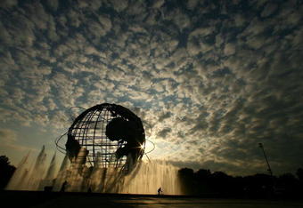NEW YORK - SEPTEMBER 05:  The sun sets behind the Unisphere on the grounds of the Billie Jean King National Tennis Center during day ten of the 2007 U.S. Open on September 5, 2007 in the Flushing neighborhood of the Queens borough of New York City.  (Photo by Al Bello/Getty Images)