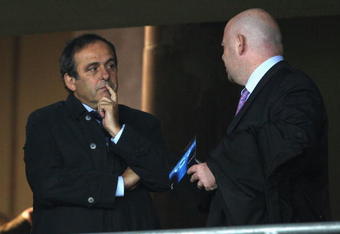 TURIN, ITALY - OCTOBER 21:  UEFA president Michel Platini (L) prior to the UEFA Champions League Group H match between Juventus and Real Madrid at the Stadio Olimpico on October 21, 2008 in Turin, Italy.  (Photo by Hamish Blair/Getty Images)