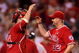 ANAHEIM, CA - MAY 13: Pitcher Matt Palmer #32 of the Los Angeles Angels of Anaheim is congratulated by catcher Mike Napoli #44 after picking up his first major league complete game victory, against the Boston Red Sox on May 13, 2009 at Angel Stadium in Anaheim, California. The Angels won 8-4. (Photo by Stephen Dunn/Getty Images)