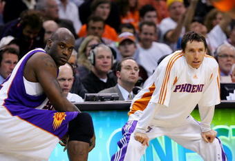 PHOENIX - FEBRUARY 22:   (L-R) Shaquille O'Neal #32 and Steve Nash #13of the Phoenix Suns wait on the sideline during a game against the Boston Celtics at US Airways Center on February 22, 2008 in Phoenix, Arizona.  NOTE TO USER: User expressly acknowledges and agrees that, by downloading and or using this Photograph, user is consenting to the terms and conditions of the Getty Images License Agreement.  (Photo by Lisa Blumenfeld/Getty Images)
