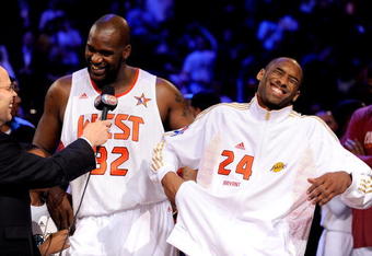 PHOENIX - FEBRUARY 15:  Co-MVPs Shaquille O'Neal #32 and Kobe Bryant #24 of the Western Conference are interviewed by TNT's Ernie Johnson after the Western Conference defeated the Eastern Conference in the 58th NBA All-Star Game, part of 2009 NBA All-Star Weekend at US Airways Center on February 15, 2009 in Phoenix, Arizona.  NOTE TO USER: User expressly acknowledges and agrees that, by downloading and or using this photograph, User is consenting to the terms and conditions of the Getty Images License Agreement.  (Photo by Kevork Djansezian/Getty Images)