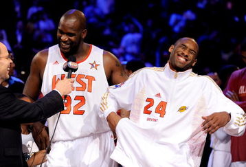 PHOENIX - FEBRUARY 15:  Co-MVPs Shaquille O'Neal #32 and Kobe Bryant #24 of the Western Conference are interviewed by TNT's Ernie Johnson after the Western Conference defeated the Eastern Conference in the 58th NBA All-Star Game, part of 2009 NBA All-Star Weekend at US Airways Center on February 15, 2009 in Phoenix, Arizona.  NOTE TO USER: User expressly acknowledges and agrees that, by downloading and or using this photograph, User is consenting to the terms and conditions of the Getty Images License Agreement.  (Photo by Kevork Djansezian/Getty Images)