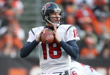 CLEVELAND - NOVEMBER 23:  Quarterback Sage Rosenfels #18 of the Houston Texans looks to pass the ball downfield during the NFL game against the Cleveland Browns at Cleveland Browns Stadium on November 23, 2008 in Cleveland, Ohio.  (Photo by Andy Lyons/Getty Images)