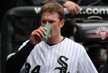 CHICAGO - APRIL 29:  Gavin Floyd #34 of the Chicago White Sox takes a drink in the dugout against the Seattle Mariners during the game on April 29, 2009 at U.S. Cellular Field in Chicago, Illinois. (Photo by Jonathan Daniel/Getty Images) 