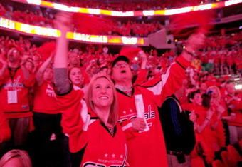 WASHINGTON - MAY 09:  Fans of the Washington Capitals cheer their team on prior to the start of a NHL game agaisnt the Pittsburgh Penguins during Game Five of the Eastern Conference Semifinal Round of the 2009 Stanley Cup Playoffs on May 9, 2009 at the Verizon Center in Washington,  DC.  (Photo by Len Redkoles/Getty Images)