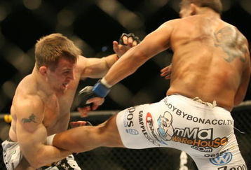 CHICAGO - OCTOBER 25:  Sean Sherk (L) fights Tyson Griffin in a Lightweight bout at UFC's Ultimate Fight Night at Allstate Arena on October 25, 2008 in Chicago, Illinois. (Photo by Tasos Katopodis/Getty Images)