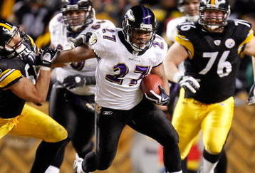 PITTSBURGH - JANUARY 18:  Running back Ray Rice #27 of the Baltimore Ravens runs the ball against linebacker James Farrior of the Pittsburgh Steelers during the AFC championship game on January 18, 2009 at Heinz Field in Pittsburgh, Pennsylvania.  (Photo by Gregory Shamus/Getty Images)