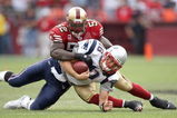SAN FRANCISCO - OCTOBER 5:  Quarterback Matt Cassel #16 of the New England Patriots is sacked by Patrick Willis #52 of the San Francisco 49ers during an NFL game on October 5, 2008 at Monster Park in San Francisco, California. 