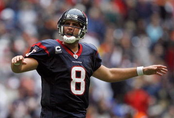 HOUSTON - DECEMBER 28:  Matt Schaub #8 of the Houston Texans reacts to quiet the crowd during a touchdown drive against the Chicago Bears during the second half at the Reliant Stadium December 28, 2008 in Houston, Texas.  The Texans won 31-24.  (Photo by Harry How/Getty Images)