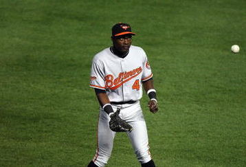 ARLINGTON, TX - APRIL 15:  Left fielder Felix Pie of the Baltimore Orioles while wearing jersey #42 to commemorate Jackie Robinson day during a game against the Texas Rangers on April 15, 2009 at Rangers Ballpark in Arlington, Texas.  (Photo by Ronald Martinez/Getty Images)