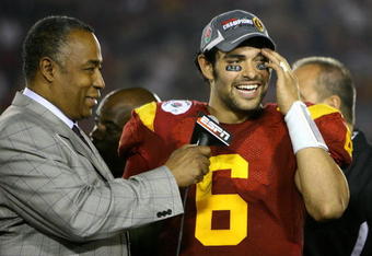 PASADENA, CA - JANUARY 01:  Quarterback Mark Sanchez #6 of the USC Trojans is interviewed after defeating the Penn State Nittany Lions at the 95th Rose Bowl Game presented by Citi on January 1, 2009 at the Rose Bowl in Pasadena, California.  (Photo by Jeff Gross/Getty Images)