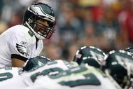GLENDALE, AZ - JANUARY 18: Quarterback Donovan McNabb #5 of the Philadelphia Eagles looks down the line during the NFC championship game against the Arizona Cardinals on January 18, 2009 at University of Phoenix Stadium in Glendale, Arizona. (Photo by Jed Jacobsohn/Getty Images)