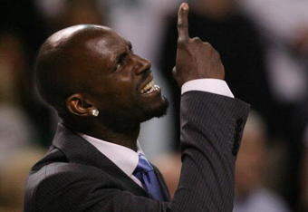 BOSTON - MAY 04:  Kevin Garnett of the Boston Celtics reacts after a foul is called against a teammate in the fourth quarter against the Orlando Magic in Game One of the Eastern Conference Semifinals during the 2009 NBA Playoffs at TD Banknorth Garden on May 4, 2009 in Boston, Massachusetts. The Magic defeated the Celtics 95-90. NOTE TO USER: User expressly acknowledges and agrees that, by downloading and or using this photograph, User is consenting to the terms and conditions of the Getty Images License Agreement.  (Photo by Elsa/Getty Images)
