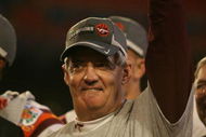 MIAMI - JANUARY 01: Head coach Frank Beamer of the Virginia Tech Hokies celebrates after defeating the Cincinnati Bearcats to win the FedEx Orange Bowl at Dolphin Stadium on January 1, 2009 in Miami, Florida. (Photo by Marc Serota/Getty Images)