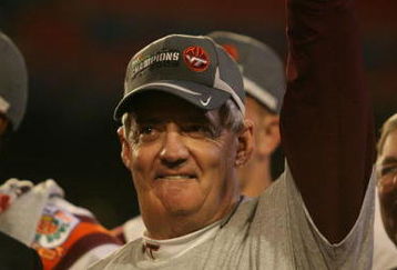 MIAMI - JANUARY 01:  Head coach Frank Beamer of the Virginia Tech Hokies celebrates after defeating the Cincinnati Bearcats to win the FedEx Orange Bowl at Dolphin Stadium on January 1, 2009 in Miami, Florida.  (Photo by Marc Serota/Getty Images)