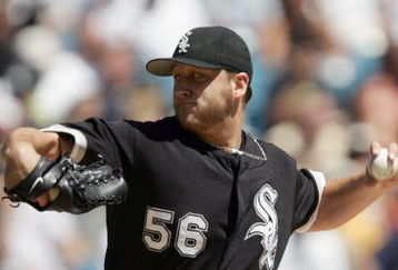 CHICAGO - AUGUST 12: Starting pitcher Mark Buehrle #56 of the Chicago White Sox delivers the ball against the Detroit Tigers on August 12, 2006 at U.S. Cellular Field in Chicago, Illinois. The White Sox defeated the Tigers 4-3. (Photo by Jonathan Daniel/Getty Images)