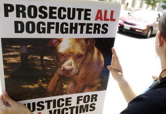 RICHMOND, VA - JULY 26:  Protestors from People for the Ethical Treatment of Animals carry signs as they wait for Atlanta Falcons quarterback Michael Vick to appear for a bond hearing and arraignment in federal court July 26, 2007 in Richmond, Virginia. Vick and three associates were indicted earlier this month on charges related to their alleged role in an interstate dogfighting ring.  (Photo by Jonathan Ernst/Getty Images)