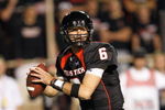 LUBBOCK, TEXAS - NOVEMBER 1:  Quarterback Graham Harrell #6 of the Texas Tech Red Raiders looks to pass the ball down the field during the game against the Texas Longhorns on November 1, 2008 at Jones Stadium in Lubbock, Texas. (Photo by: Jamie Squire/Getty Images)