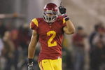 LOS ANGELES - NOVEMBER 29:  Taylor Mays #2 of the USC Trojans gestures as he lines up against the Notre Dame Fighting Irish on November 29, 2008 at the Los Angeles Memorial Coliseum in Los Angeles, California.  USC won 38-3.  (Photo by Jeff Golden/Getty Images)
