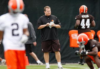 BEREA, OH - MAY 02: Head coach Eric Mangini of the Cleveland Browns looks on  during rookie mini camp at the Cleveland Browns Training and Administrative Complex on May 2, 2009 in Berea, Ohio.  (Photo by Gregory Shamus/Getty Images)