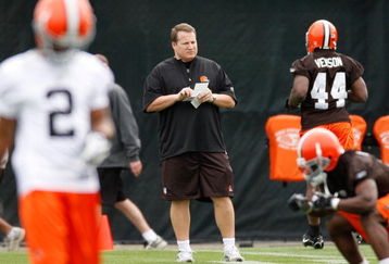 BEREA, OH - MAY 02: Head coach Eric Mangini of the Cleveland Browns looks on  during rookie mini camp at the Cleveland Browns Training and Administrative Complex on May 2, 2009 in Berea, Ohio.  (Photo by Gregory Shamus/Getty Images)