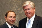 ST. PAUL, MN - OCTOBER 22:  NHL Commissioner Gary Bettman (left) talks with 2008 Lester Patrick Award recipient Brian Burke at the Lester Patrick Award Luncheon October 22, 2008 at the St. Paul Hotel in St. Paul, Minnesota. (Photo by Scott A. Schneider/Getty Images)