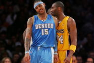 LOS ANGELES - APRIL 3:  Carmello Anthony #15 (L) of the Denver Nuggets and Kobe Bryant #24 of the Los Angeles Lakers joke around during the game at Staples Center April 3, 2007 in Los Angeles, California.  NOTE TO USER: User expressly acknowledges and agrees that, by downloading and/or using this Photograph, user is consenting to the terms and conditions of the Getty Images License Agreement.  (Photo by Lisa Blumenfeld/Getty Images)