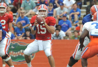 GAINESVILLE, FL - APRIL 18: Quarterback Tim Tebow #15 of the University of Florida passes upfield during the spring football Orange and Blue game April 18, 2009 at Ben Hill Griffin Stadium in Gainesville, Florida.  (Photo by Al Messerschmidt/Getty Images)
