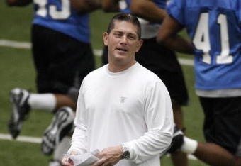 ALLEN PARK, MI - MAY 01:  Head coach Jim Schwartz of the Detroit Lions looks on during rookie orientation camp at the Detroit Lions Headquarters and Training Facility on May 1, 2009 in Allen Park, Michigan.  (Photo by Gregory Shamus/Getty Images)