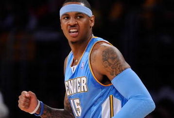 LOS ANGELES, CA - MAY 19:  Carmelo Anthony #15 of the Denver Nuggets reacts in the first half against the Los Angeles Lakers in Game One of the Western Conference Finals during the 2009 NBA Playoffs at Staples Center on May 19, 2009 in Los Angeles, California. NOTE TO USER: User expressly acknowledges and agrees that, by downloading and or using this photograph, User is consenting to the terms and conditions of the Getty Images License Agreement.  (Photo by Kevork Djansezian/Getty Images)