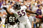 BALTIMORE - SEPTEMBER 17:  Linebacker Terrell Suggs #55 of the Baltimore Ravens gestures to the crowd after recovering a fumble in first quarter against the Oakland Raiders on September 17, 2006 at M&T Bank Stadium in Baltimore, Maryland.  (Photo by Win McNamee/Getty Images)