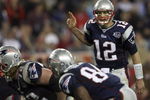 GLENDALE, AZ - FEBRUARY 03:  Tom Brady #12 of of the New England Patriots calls out from under center in the fourth quarter of Super Bowl XLII against the New York Giants on February 3, 2008 at the University of Phoenix Stadium in Glendale, Arizona.  (Photo by Elsa/Getty Images)