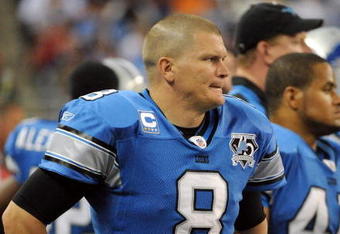 DETROIT - OCTOBER 05:  Jon Kitna #8 of the Detroit Lions watches from the sidelines after he is replaced by Dan Orlovsky during the third quarter at Ford Field on October 5, 2008 in Detroit, Michigan.  The Bears won 34-7.  (Photo by Harry How/Getty Images)