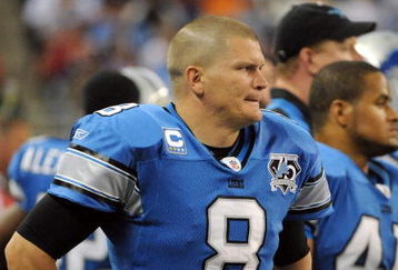 DETROIT - OCTOBER 05:  Jon Kitna #8 of the Detroit Lions watches from the sidelines after he is replaced by Dan Orlovsky during the third quarter at Ford Field on October 5, 2008 in Detroit, Michigan.  The Bears won 34-7.  (Photo by Harry How/Getty Images)
