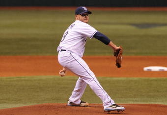 ST. PETERSBURG, FL - APRIL 13: Pitcher Scott Kazmir #19 of the Tampa Bay Rays starts against the New York Yankees on April 13, 2009 at Tropicana Field  in St. Petersburg, Florida.  (Photo by Al Messerschmidt/Getty Images) 