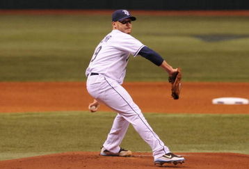ST. PETERSBURG, FL - APRIL 13: Pitcher Scott Kazmir #19 of the Tampa Bay Rays starts against the New York Yankees on April 13, 2009 at Tropicana Field  in St. Petersburg, Florida.  (Photo by Al Messerschmidt/Getty Images) 