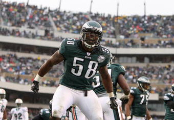 PHILADELPHIA - NOVEMBER 18:  Trent Cole #58 of the Philadelphia Eagles reacts during the NFL game against the Miami Dolphins at Lincoln Financial Field on November 18, 2007 in Philadelphia, Pennsylvania. (Photo by Al Bello/Getty Images)