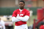 SANTA CLARA, CA - MAY 01:  Michael Crabtree #15 of the San Francisco 49ers looks on at practice during the 49ers Minicamp at their training facilities on May 1, 2009 in Santa Clara, California. Crabtree was the 49ers first round draft pick.  (Photo by Jed Jacobsohn/Getty Images)