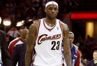CLEVELAND - MAY 20:  LeBron James #23 of the Cleveland Cavaliers leaves the court after an injury at the end of the game against the Orlando Magic in Game One of the Eastern Conference Finals during the 2009 Playoffs at Quicken Loans Arena on May 20, 2009 in Cleveland, Ohio. NOTE TO USER: User expressly acknowledges and agrees that, by downloading and or using this photograph, User is consenting to the terms and conditions of the Getty Images License Agreement  (Photo by Gregory Shamus/Getty Images)