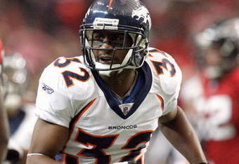 ATLANTA - NOVEMBER 16:  Dre Bly #32 of the Denver Broncos still runs at the end of the play during the game against the Atlanta Falcons at the Georgia Dome on November 16, 2008 in Atlanta, Georgia. The Broncos defeated the Falcons 24-20.  (Photo by Kevin C. Cox/Getty Images)