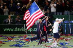 PORTLAND, OR - DECEMBER 1:  (L-R) James Blake, Andy Roddick, Bob Bryan and Mike Bryan of the U.S. celebrate after the Byran's 7-6,6-4,6-2 victory over Igor Andreev and Nikolay Davydenko of Russia to  clinch winning the Davis Cup during the second day of the Davis Cup Final at the Memorial Coliseum December 1, 2007 in Portland, Oregon.  (Photo by Jonathan Ferrey/Getty Images)