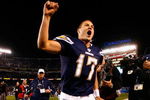 SAN DIEGO - DECEMBER 28:  Quarterback Philip Rivers #17 of the San Diego Chargers celebrates after defeating the Denver Broncos in the NFL game at Qualcomm Stadium on December 28, 2008 in San Diego, California. The Chargers defeated the Broncos 52--21. (Photo by Jeff Gross/Getty Images)